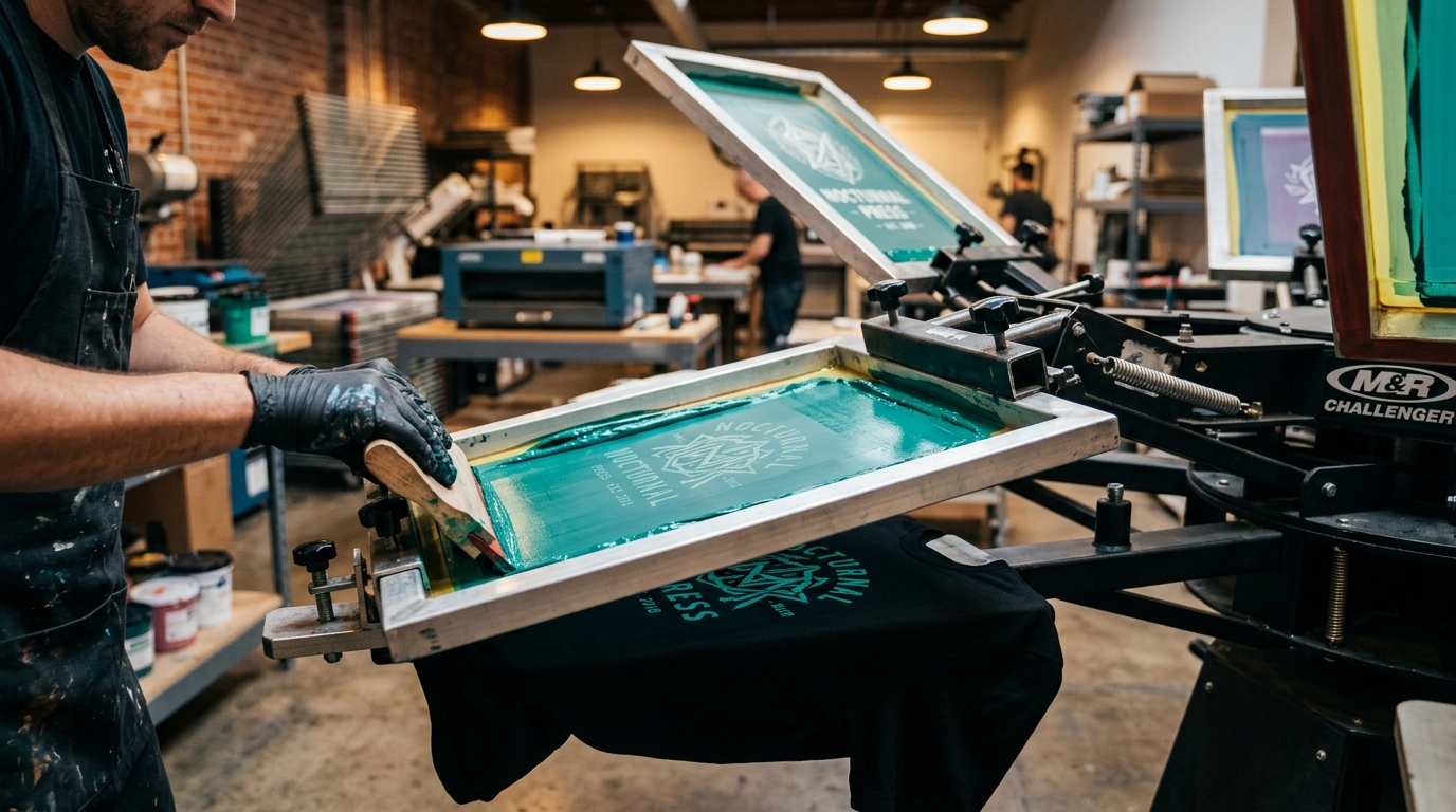 Screen printing carousel press in full operation